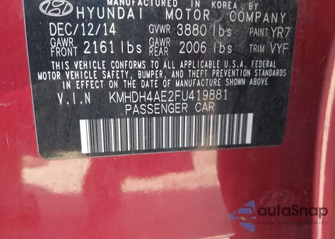 2015 Hyundai Elantra Se из США, поврежденный, VIN KMHDH4AE2FU419881